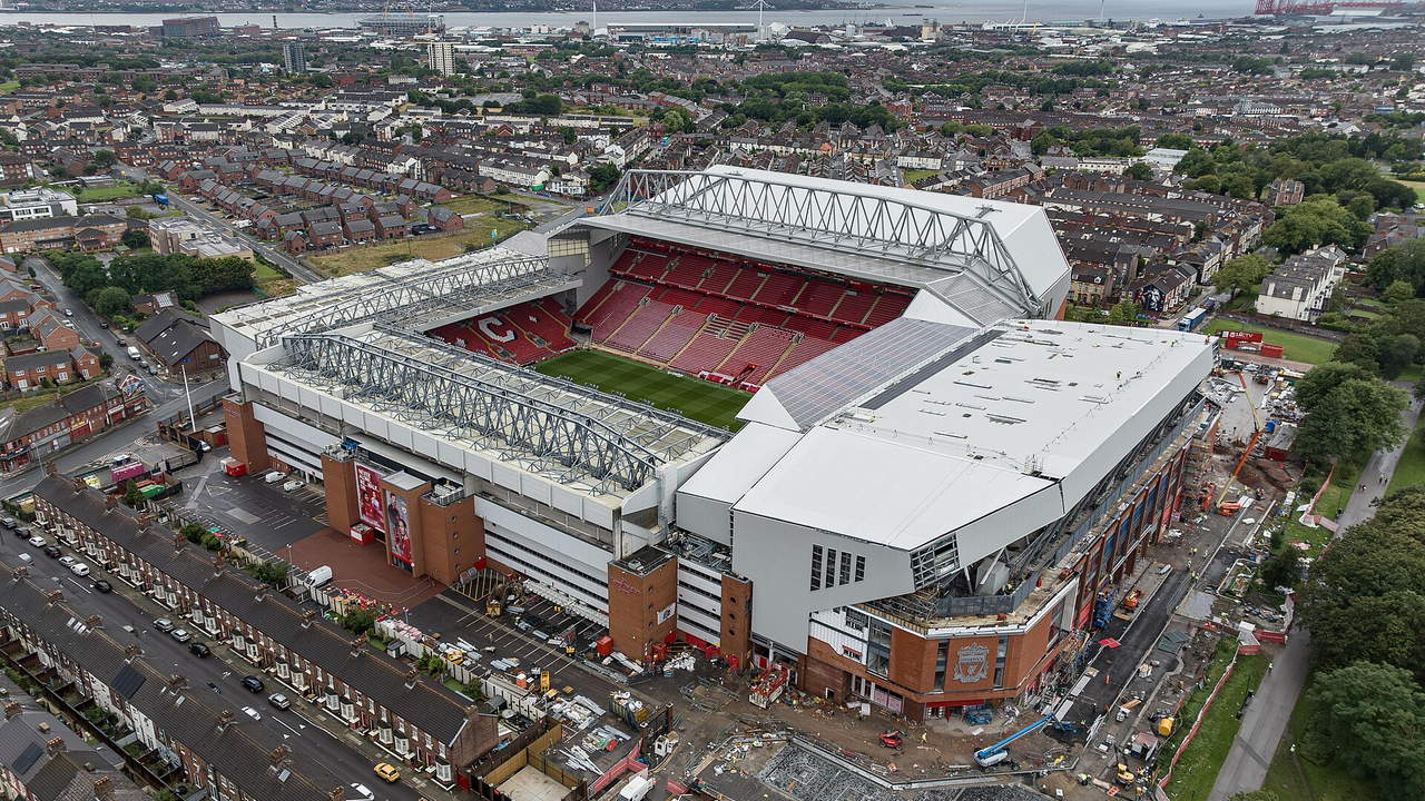 Anfield in Liverpool — Luftbild des Stadions, eingebettet in die dicht bebauten Wohnstrassen des Viertels